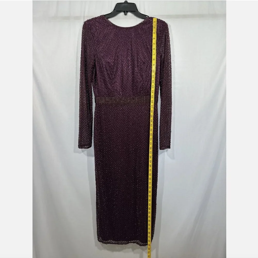 NEW $398 Mac Duggal [ 10‎ ] Bugle Beaded Long Sleeve Midi Dress Abergine #Q487 - Picture 5 of 15